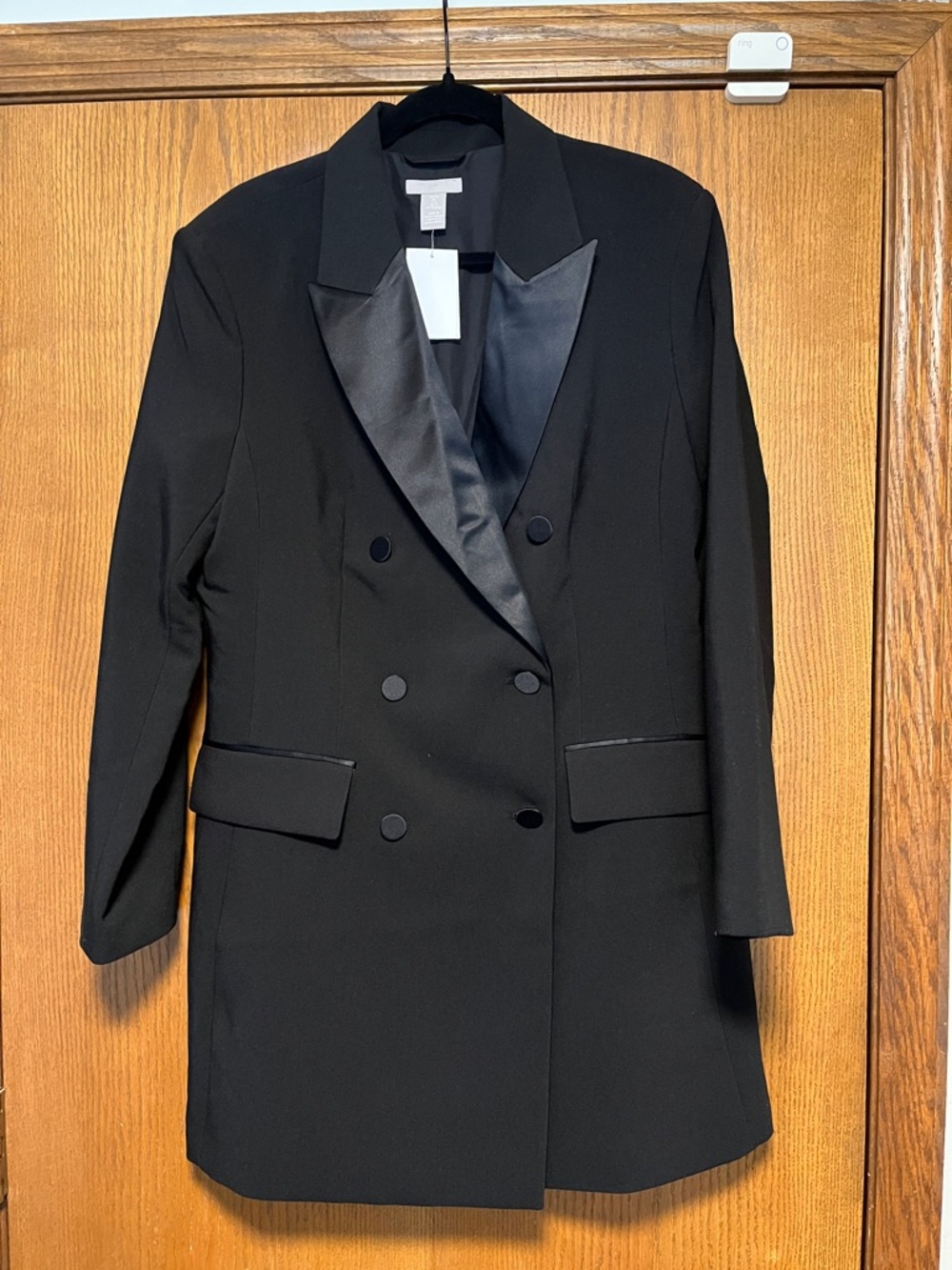 H&M Black Satin-Lapel Double-Breasted Mini Blazer Dress